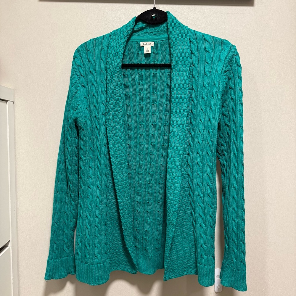 L.L. Bean Green Cableknit Cardigan Sweater Small 100% Cotton - Picture 2 of 6